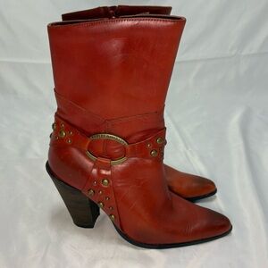 Vintage Harley Davidson Women’s 7.5 Burnt Orange Harness Heeled Boots Side Zip